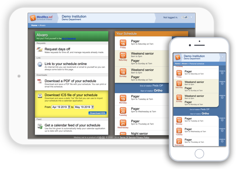 Screenshots of the MedRez.net Schedule Viewer on an iPad and iPhone