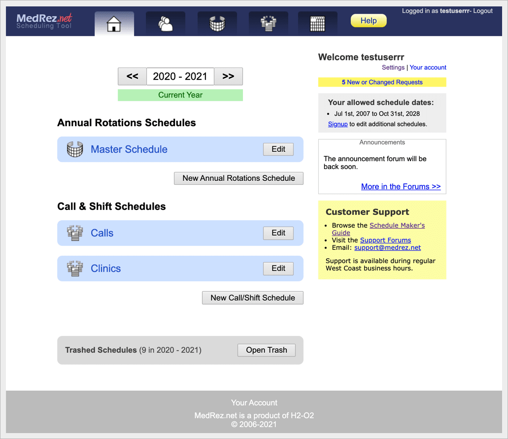 The main page of the Medical Residency Scheduling Tool