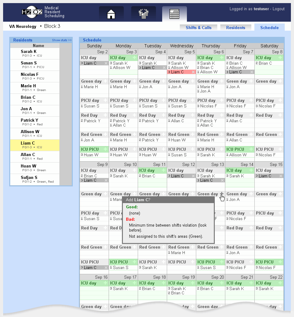 The shifts and calls in the calendar are highlighted in green when the resident can work there.