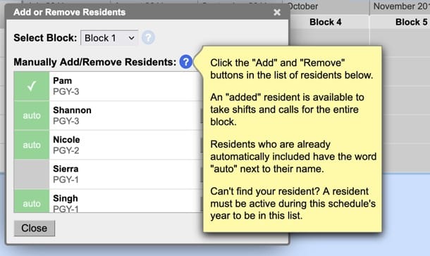 A screenshot of a yellow popup help box with text explaining how to add residents to a block.