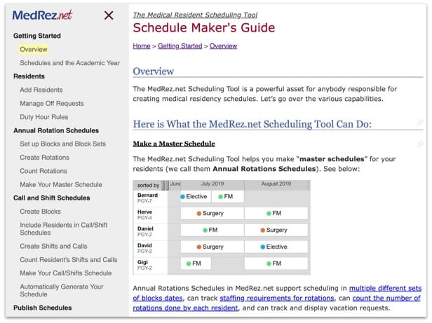 A screenshot of the Schedul Maker's Guide. It shows easily readable text describing how to use the MedRez.net Scheduling Tool.